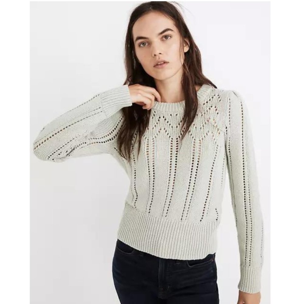 Madewell Pointelle Puff Sleeve Sweater in Mint Green / Sage Mist / Seafoam
